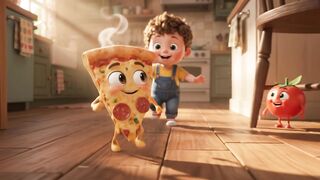 Slice of pizza running from little boy in kitchen animated 3D animation video.