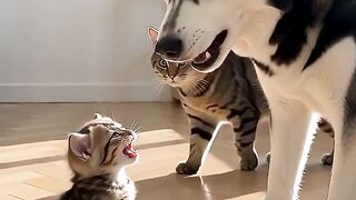 Husky tries to scare tiny kitten❤️then plot twist!❤️😀👍
