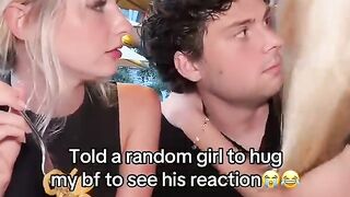 His reaction when his boyfriend is hugged by another girl