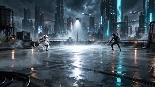 Epic Rooftop Katana Battle in a Futuristic Cyber City