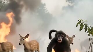 Fire in the forest, animals scattered, some helped the firefighters