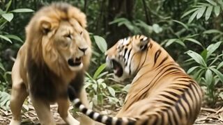 While walking in the forest, suddenly a lion and a tiger fought until they were weak.