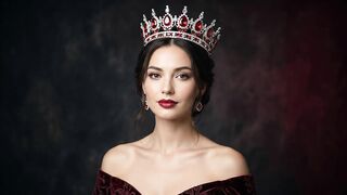 Red gown wears model with crown