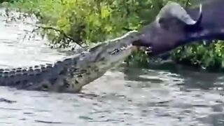 Buffalo Drags Huge Croc Out of the Water by lts Nose