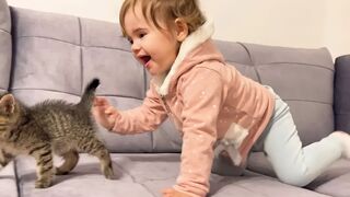 Cute baby meets new baby kitten