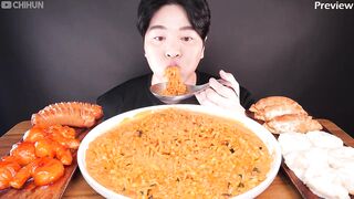 ASMR MUKBANG _ Spicy Cream Noodles _ Fried Shrimp_ Dumpling_ Sausage EATING 꾸덕꾸덕 크림진짬뽕 크림새우 칠리새우 먹방