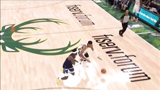 Giannis throws the self-alley with four defenders around him 