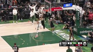 James Harden trying to stop Giannis on a fast break dunk 