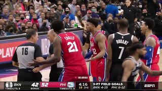 Joel Embiid gets a T after hitting Blake Griffin a little 
