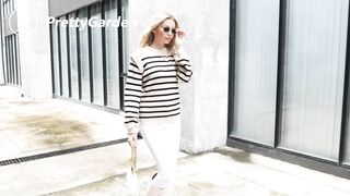PRETTYGARDEN Women's Sweaters Casual Winter Long Lantern Sleeve Crewneck Ribbed Knit Pullover Striped Jumper Tops Blouse