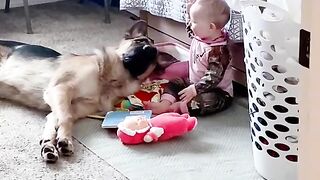 Cute baby and dog love