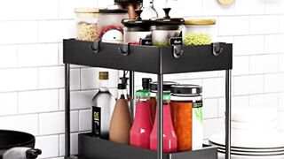 GODDSEVOES Storage Pull, 2 Tier Under-Sink Drawer 4 Hook 1 Cup