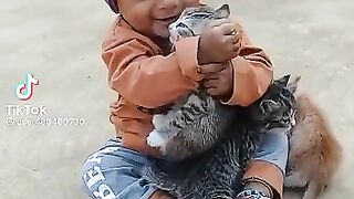 Lovley Frendship  Baby With Cats Kids