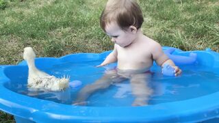 Funny baby Reaction duckling in the pool