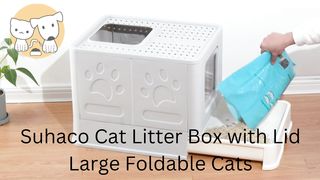 Suhaco Cat Litter Box with Lid Large Foldable Cats Litter Tray with Top Entry & Scoop