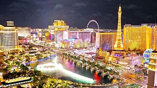 Las Vegas Aerial View Fountain Eiffel Tower High Roller Observation Wheel Night