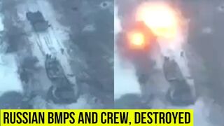 Ukrainian drones and artillery destroys Russian armored vehicles and crew.