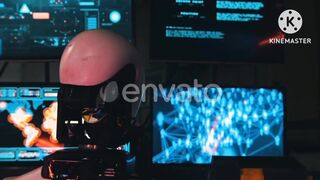 Futuristic Humanoid Robot Sitting By the Monitors and Working, Head Spins Around
