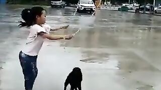 Baby and dogi playing with