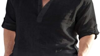 Men's Casual Cotton Linen Solid Color Long Sleeve Shirt Loose Stand Collar
