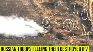 Russian troops fleeing from their destroyed armored vehicle