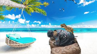 Animated Kids on Beach with Dinosaur