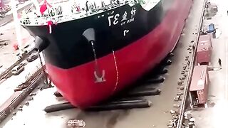 The moment the giant ship was launched into the water