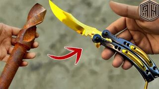 Rusted Drill Bit Forged into a 24K GOLD Plated BUTTERFLY KNIFE