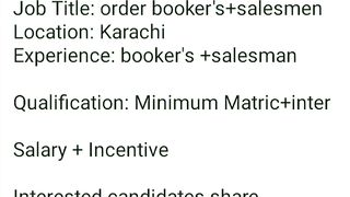 Job Opportunity- Required Order Booker's+Salesman For Karachi