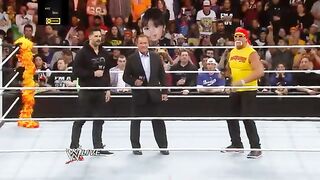 Arnold Schwarzenegger and Joe Manganiello join Hulk Hogan in the ring- Raw, March 24, 2014