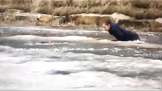 the girl saves the dog risking her life.
