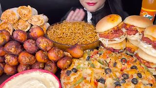 ASMR eating chicken leg piece, spicy  Noodles, chicken Burgers, chicken Shawarma and Dominos pizza