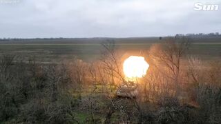 Russian T-90M tanks blast Ukrainian positions on the battlefield