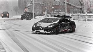 Huracan Performante Drifting in Snow Storm - Snowboarding Behind The Lambo!