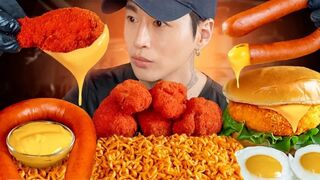 ASMR MUKBANG | Sausage, Fire Noodle, Shrimp Burger, Fried Chicken, Eggs | Recipe