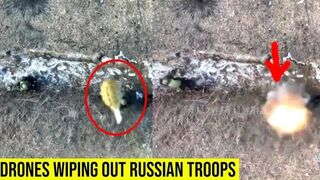 Ukrainian drone strikes Russian soldiers while they keep looking at the drone