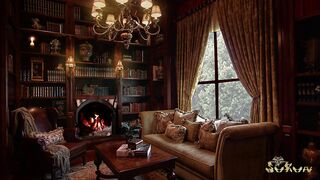 Cozy Victorian Library Ambience with fire creaking and thunderstorm rain