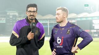 Man of the moment Martin Giptill  chats with teammate Umaid Asif on today’s spectacular performance.
