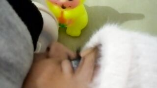 Cute baby talking with his toy