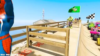 SPIDERMAN CARS Monster Trucks Mega Rampa Challenge  SUPERHERO HULK Iron Man Goku Racing - GTA