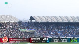 A nasty collision between the two fielders as the ball sails over the fence for a maximum