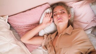 Woman Wake Up Bed Sleep Pose Morning