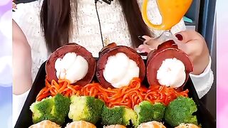 Mango Juice Dumplings Spicy Noodles Broccoli Orange Black Beans Eating Challenge Mukbang Video Asmr