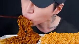ASMR eating spicy Korean noodles mukbang