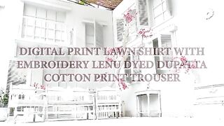 SAFA NOOR digital printed lawn embroidered shirt with lenu dyed dupatta with plain trousers