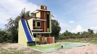 We Building A Great Modern Mud Villa, Swimming Pool & Water Slide In the Forest By Ancient Skills Support if you want it to be like this
