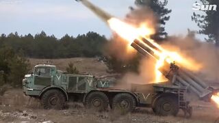 Russian forces blow up Ukrainian vehicles with rockets in huge explosion