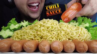 ASMR EATING SPICY NOODLES, SAUSAGES, CUCUMBERS, HOT CHILI SAUCE (No Talking) Eating Sounds MUKBANG