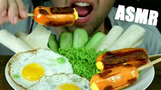ASMR CHEESE SAUSAGES + GREEN NOODLES + FRIED EGGS | EATING SOUND (NO TALKING) MUKBANG