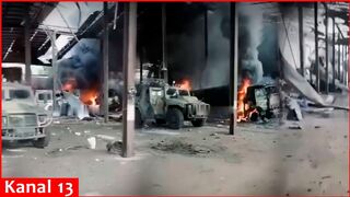 Trucks TURN INTO ASHES in Russian base hit by HIMARS